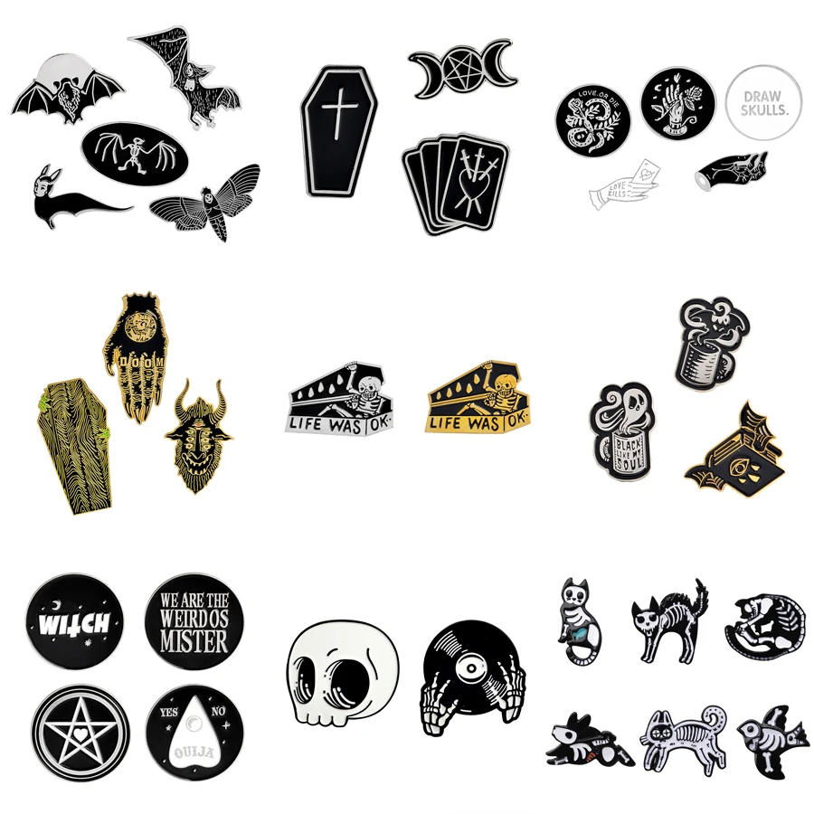 1-6 adet / takım Punk Koyu Broş Koleksiyonu Emaye Pimleri Kafatası Yarasa Cadı İskelet Tabut Pin Düğmesi Metal Rozeti Cadılar Bayramı Hediye Takı