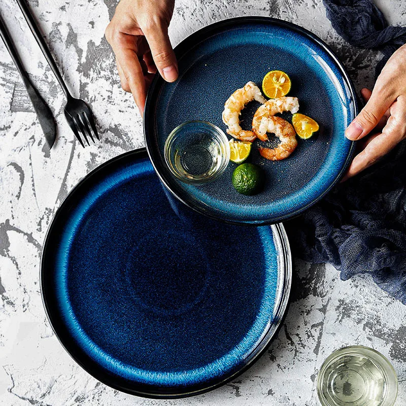 1 adet Mavi seramik yemek tabağı Kedi Gözü Tasarım Yemek Tabakları Yuvarlak Salata Tatlı servis tabağı Mutfak Yemek Takımı 8/10 inç