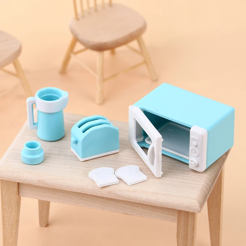 1 Takım 1: 12 Dollhouse Mini Mikrodalga ekmek makinesi su ısıtıcısı seti Mutfak Tencere Oyuncak