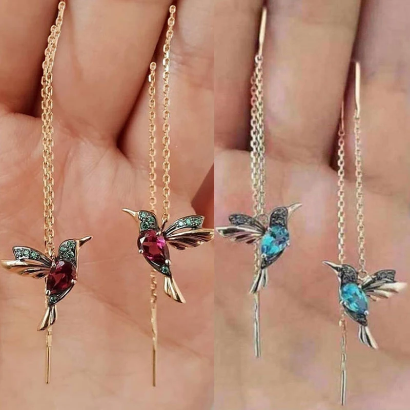 1 Çift Benzersiz Uzun Damla Küpe Kuş Kolye Püskül Kristal Kolye Küpe Bayanlar Takı Tasarım 2 Renkler Hummingbird Küpe