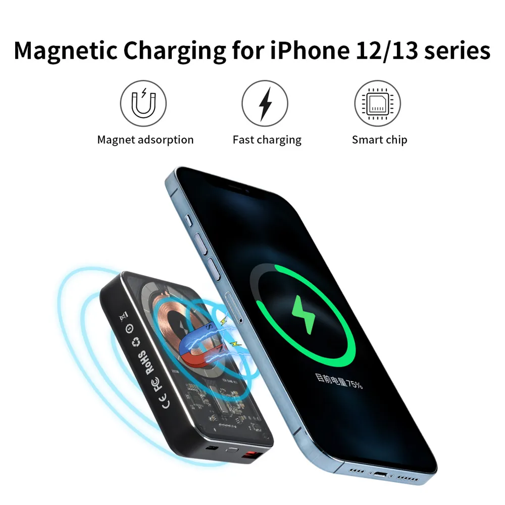 10000mAh 22.5 W Güç Bankası Hızlı Manyetik Kablosuz Şarj iPhone 13 12 11 Pro Max magsafe Xiaomi PD 20W şeffaf tarzı
