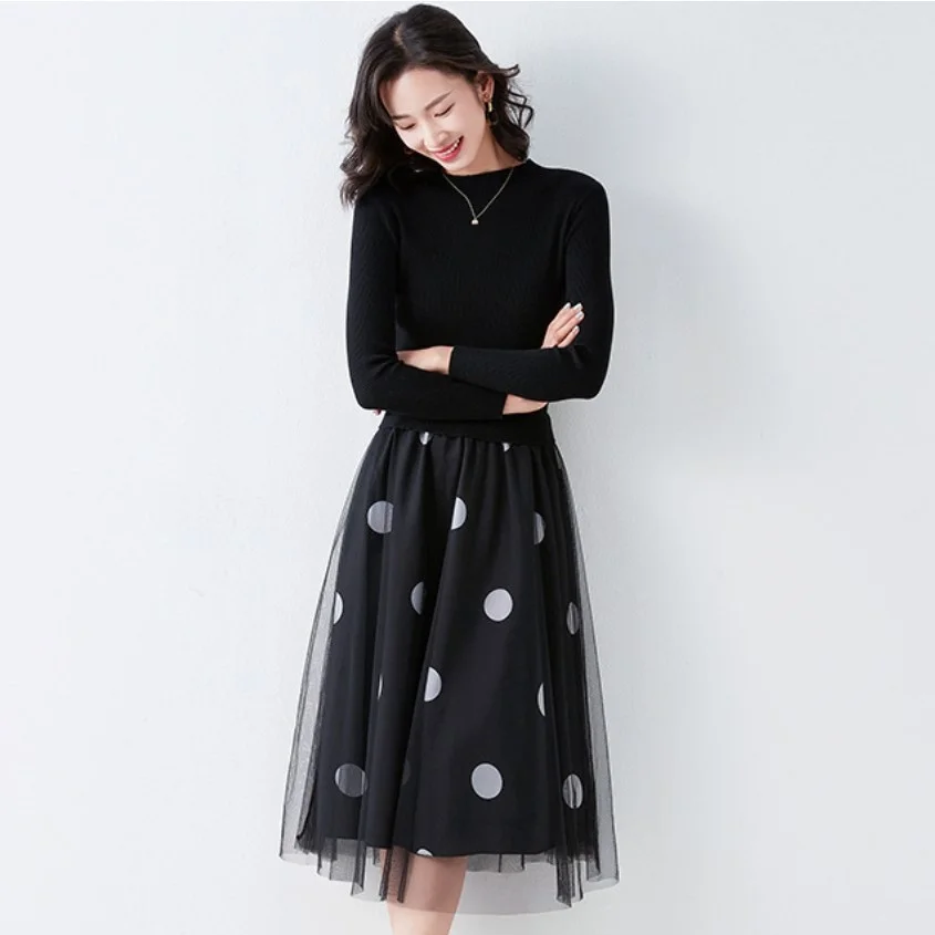 #1047 Sonbahar Siyah Yüksek Belli Kazak Elbise Kadın Yanlış İki Parçalı Örme Elbiseler Kadın Diz Boyu Zarif Kore Tarzı 