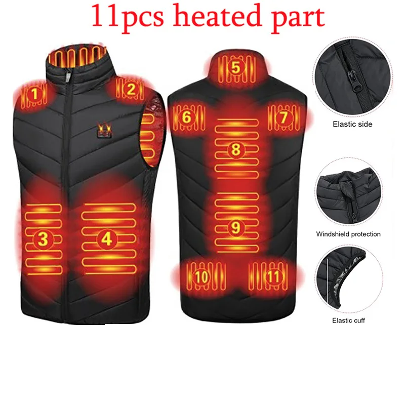 11 Alanlar ısıtmalı yelek ceket USB erkekler kış elektrikli ısıtmalı kolsuz ceket açık balıkçılık avcılık yelek ısıtma filmi