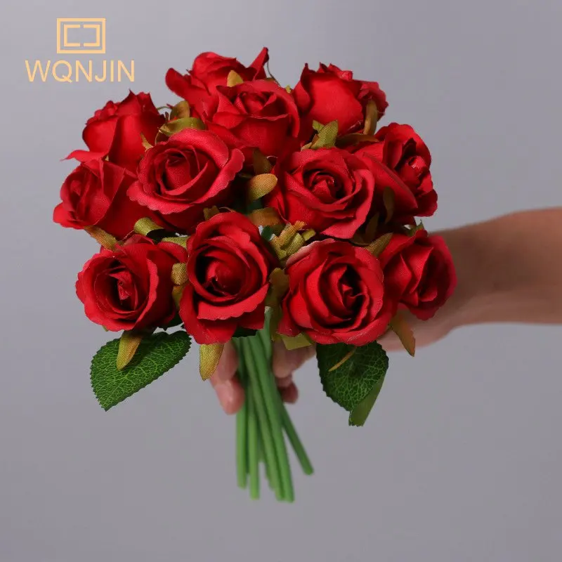 12 adet Kırmızı Yapay İpek Güller Çiçek düğün buketi Gelin Holding Ev Sahte Beyaz Çiçekler Ucuz Ev Masa Dekorasyon İçin