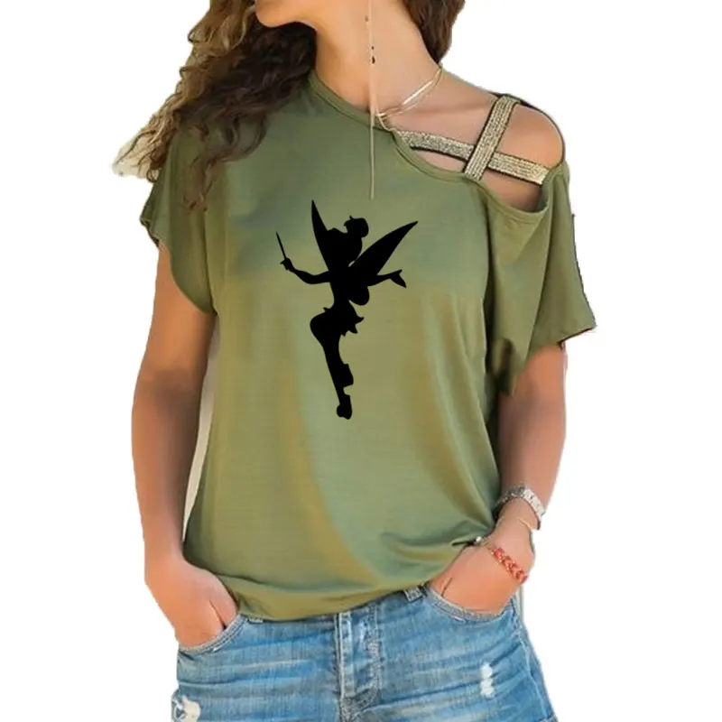 2021 Moda Yeni Kadın Tinkerbell Peri Siluet Karikatür T shirt Femme Tinkerbell Baskılı Sevimli Düzensiz Eğik Çapraz Bant