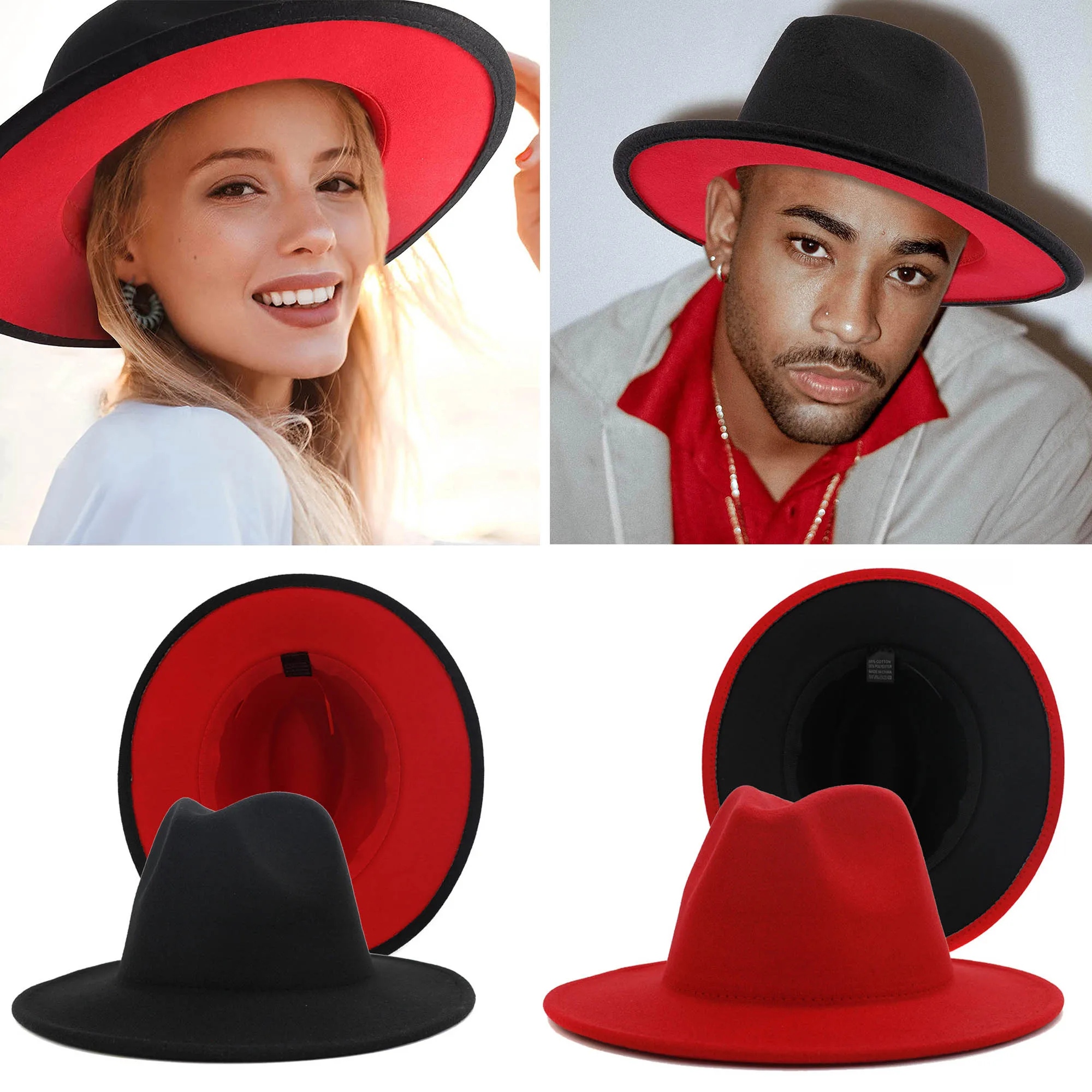 2021 Yeni Unisex Siyah Kırmızı Patchwork Yün fötr şapka Kap Erkekler Kadınlar Düz Ağız Karışımı Üst Caz Şapka Panama Fötr Vintage Şapka