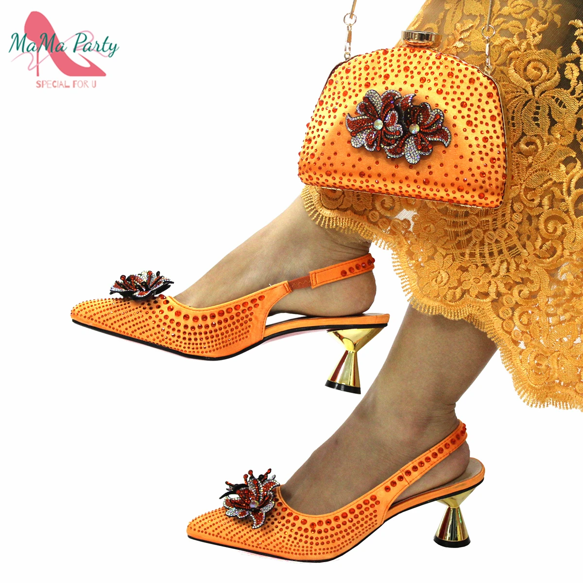 2022 Afrika Sıcak Satış Özel Turuncu Renk Sivri Burun Bayan Sandalet Ayakkabı eşleşen İki Parçalı Kadın Ayakkabı ve çanta seti