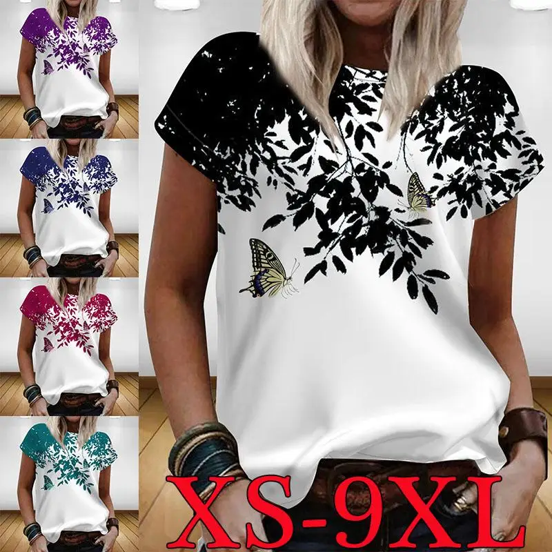 2022 Kadınlar Seksi Kısa Kollu Üst Rahat Moda Yaz Yeni Baskılı kısa kollu tişört XS-9XL