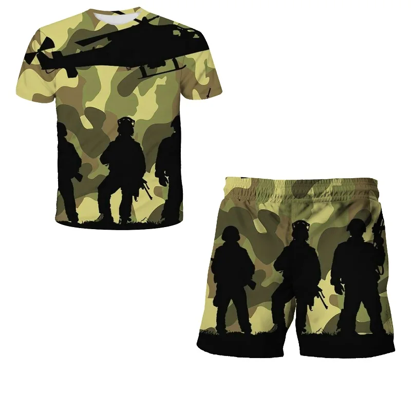 2022 Popüler Kamuflaj 4-12Y Erkek Takım Elbise Askeri Baskı Elbise Kız 3D Anime Kostüm Çocuk Yaz giyim Çocuk Üstleri Tshirt