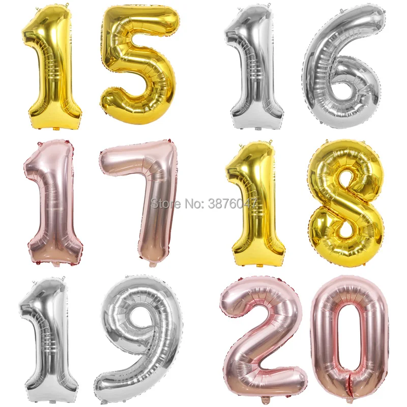 40 inç numarası 15 16 17 18 19 20 yıl balon gül altın gümüş 15th 16th 17th 18th 19th 20th doğum günü balonlar parti süslemeleri