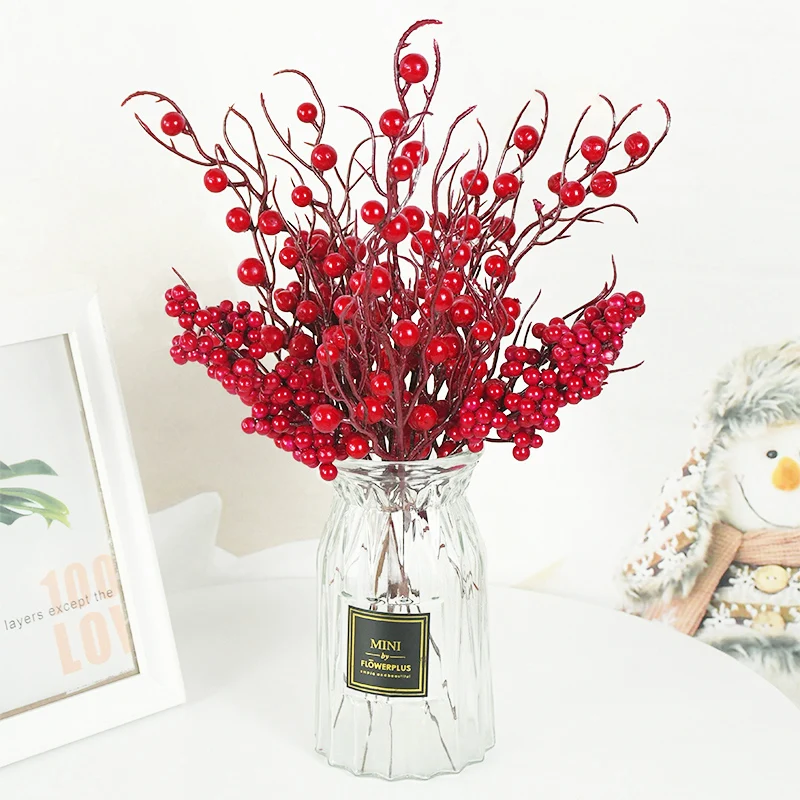 5 adet Yapay Kırmızı Meyveler Şube Noel Dekorasyon PE Köpük Kırmızı Meyveler Bitkiler Sahte Çiçek Ev Düğün Noel Çelenk