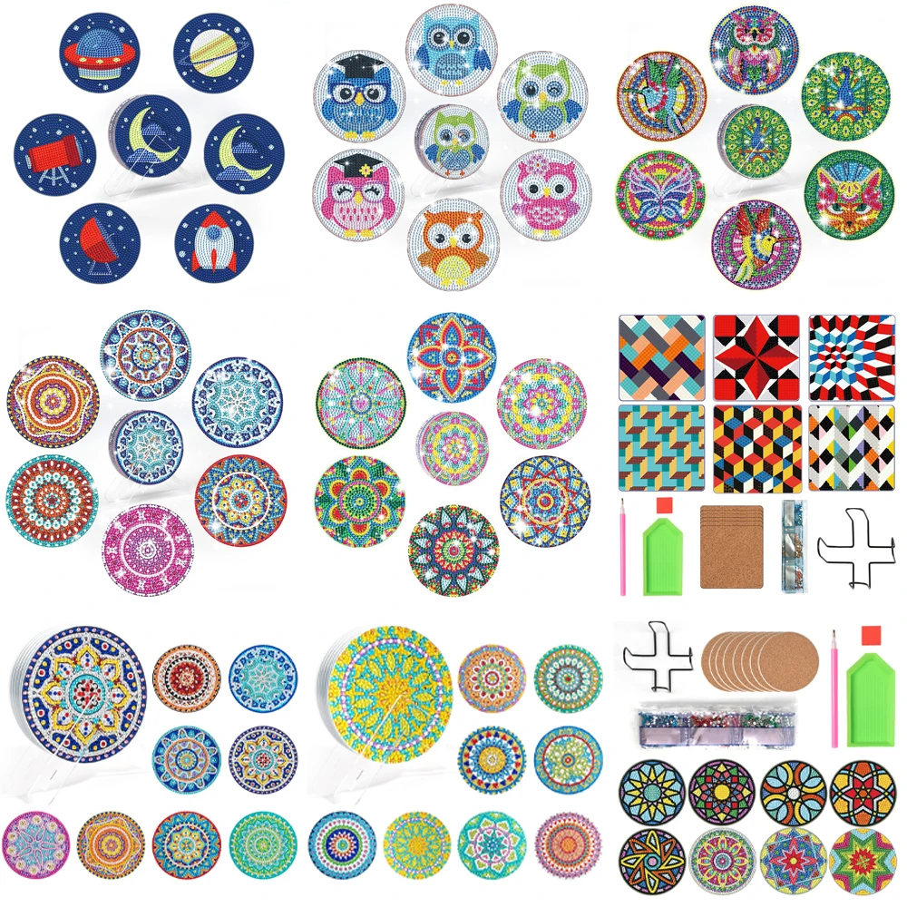 6/8 Adet Mandala Hayvan Elmas Boyama Coaster DIY Rhinestones Sanat Mozaik İçecek Kupası Yastık Masa Placemat Raf ile Ev dekor