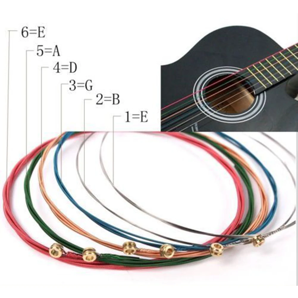 6 adet Gitar Dizeleri Gökkuşağı Renkli Renk Dizeleri Çelik Akustik Gitar Aksesuar Parçaları E B G D A