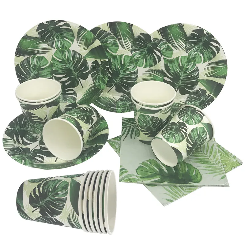 6 Adet Hawaii Palmiye Yaprağı Kağıt Tabaklar Bardaklar Peçeteler Tek Kullanımlık Sofra Çocuklar Mutlu Doğum Günü Dekor Yaz Tropikal Parti Malzemeleri