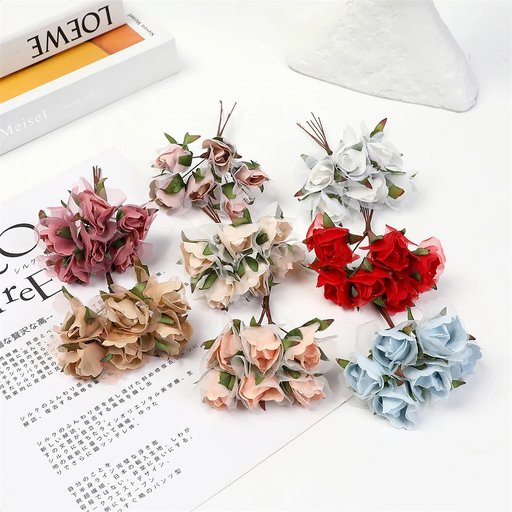 6 adet Mini Gül Buketi İpek yapay çiçekler Buket DIY El Yapımı Çelenk Karalama Defteri Ercik Düğün Dekorasyon Zanaat Sahte Çiçek