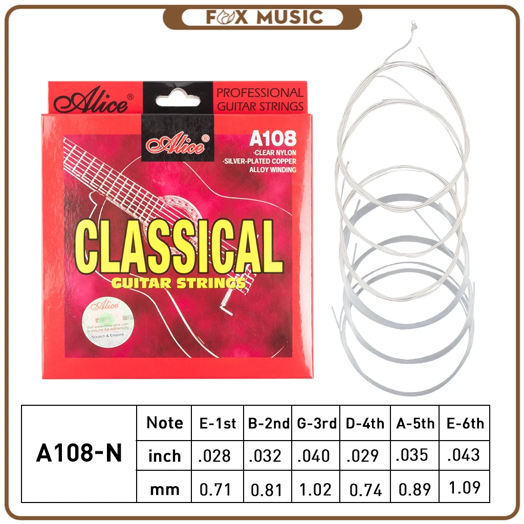 6 Dizeleri Alice A108 - N Orijinal Klasik Gitar Dizeleri Seti Şeffaf Naylon Gümüş Kaplama Bakır Alaşımlı Yara Normal Gerilim YENİ