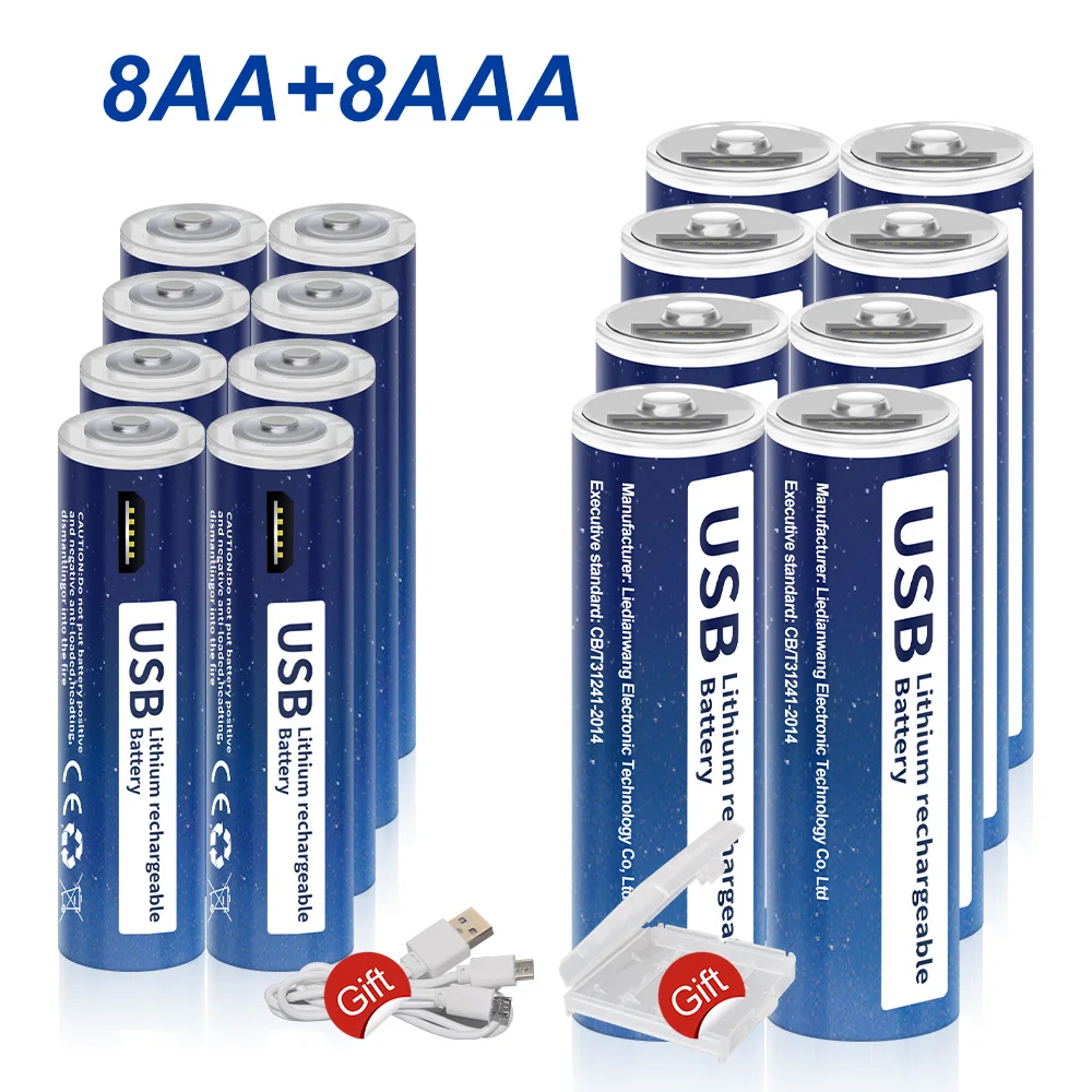 8 Adet USB 1.5 V Li-İon AA şarj edilebilir pil 2800mWh+8 Adet 1.5 v AAA USB şarj edilebilir pil AAA 1110mWh ile USB kablosu