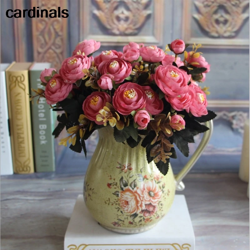 9 kafaları / 1 paket Yapay İpek Çay Güller Çiçek Gelin Buketi Noel Ev Düğün Dekorasyon İçin Ucuz Sahte Çiçekler Bitkiler