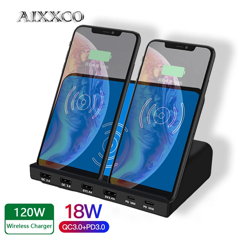AIXXCO 120W USB şarj aleti Çift PD QC3. 0 Hızlı Şarj 6 Port USB Adaptörü 10W Kablosuz Hızlı Şarj İstasyonu
