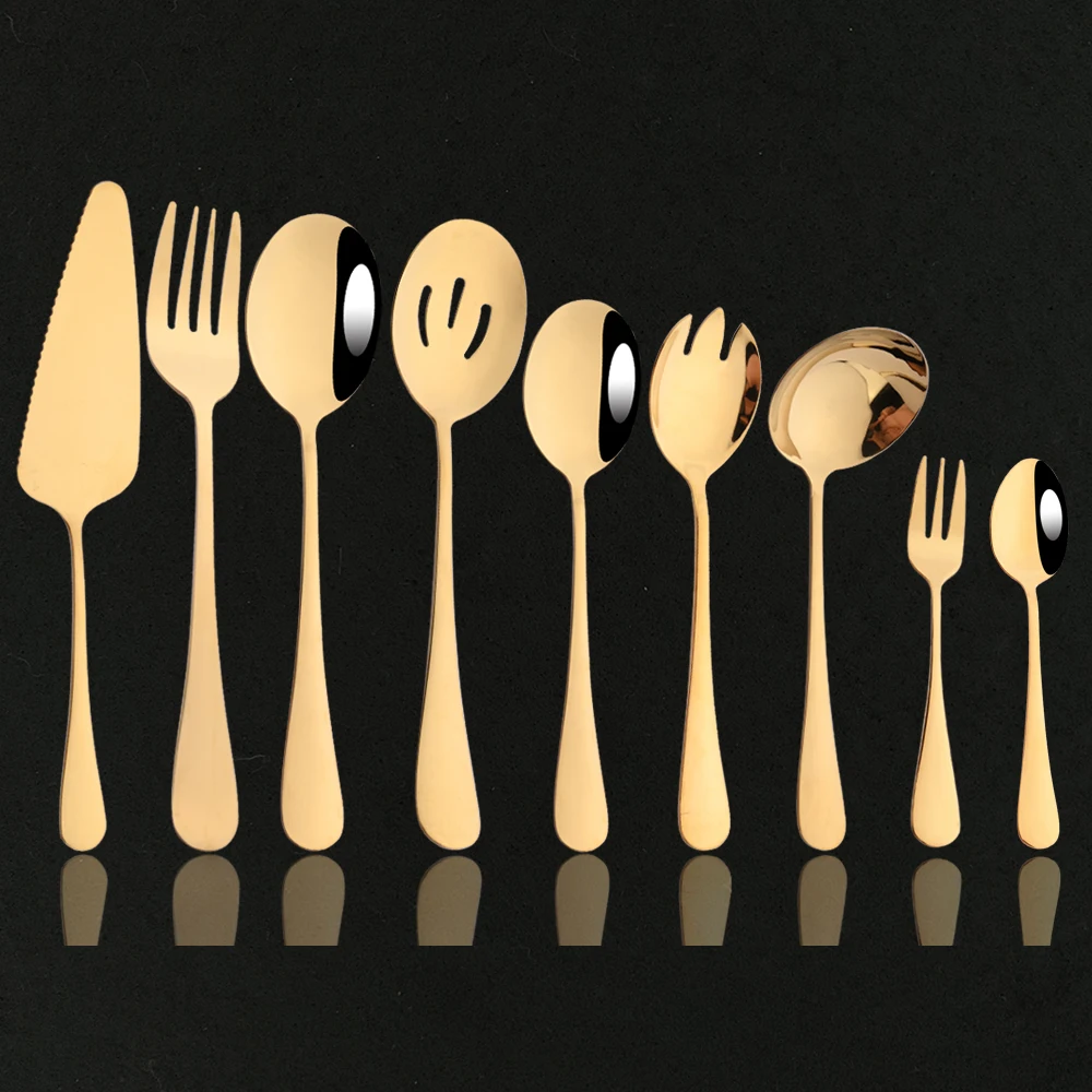Altın paslanmaz çelik yemek Seti Kek Spatula çorba kaşığı Kevgir Kaşık Servis Kaşığı Salata Kek Çatal Seti Mutfak Aksesuarları