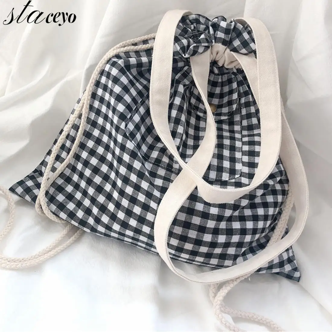 Alışveriş çantaları Kadın Ekose İpli Rahat Ayarlanabilir Büyük Kapasiteli Sevimli Alışveriş Kanvas Çanta basit omuz çantası Kızlar İçin