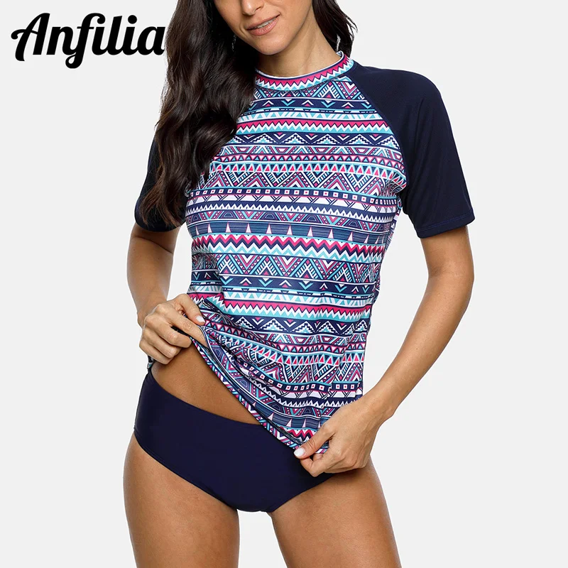 Anfilia Kadın Kısa Kollu Çabuk kuruyan Gömlek Rashguard Üst Retro Geometrik Baskılı Döküntü Guard koşu üst giyim Yürüyüş Gömlek UPF50+