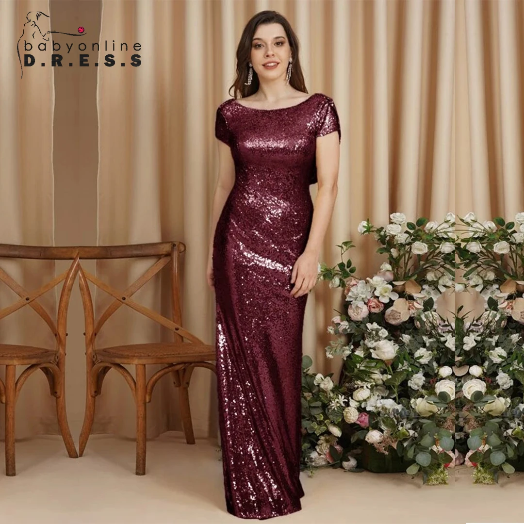 BABYONLİNE Sparkly Pullu Nedime Elbisesi Kısa Kollu Kat Uzunluk Kadın Elbisesi Abiye Backless Düğün Konuk Parti