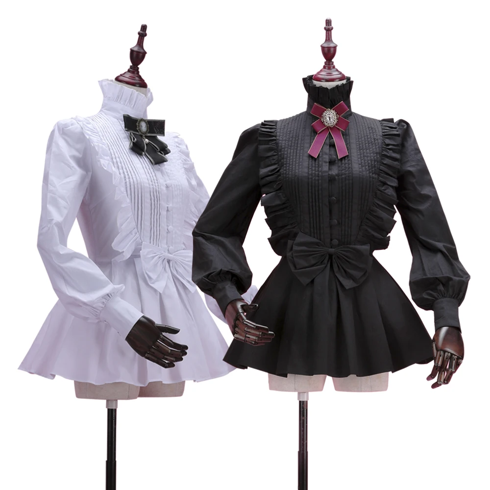 Bahar Kadın Beyaz Tops Vintage Victoria Ruffled Pileli Gömlek Fener Kollu Kadın Gotik Yüksek Yaka Bluz Lolita Kostümleri