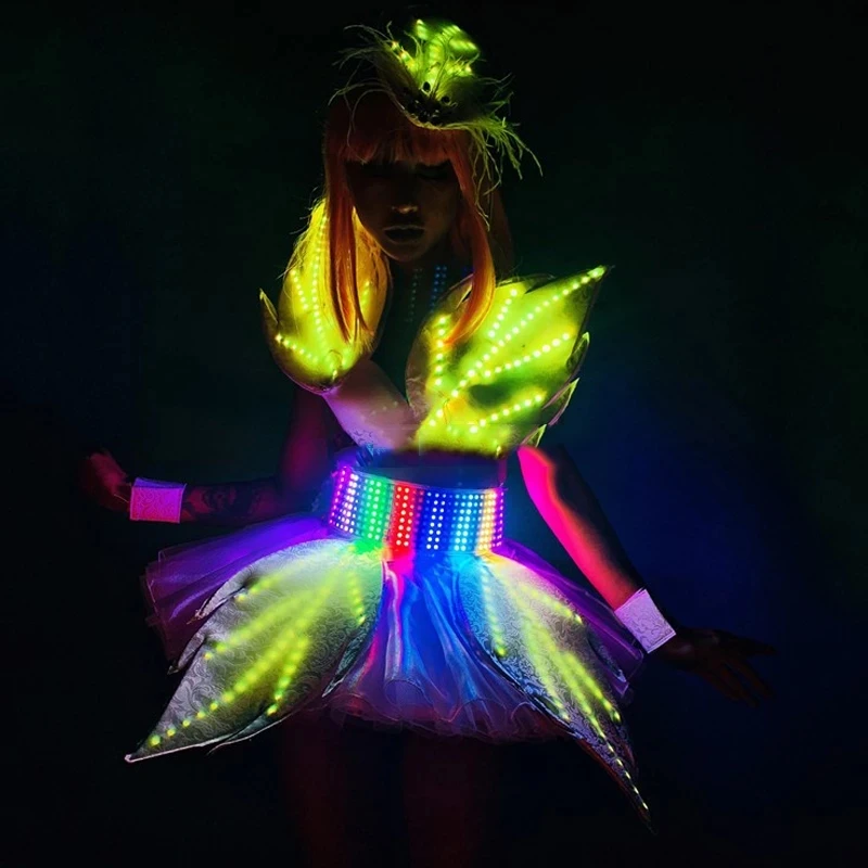 Bar sihirli led ışık Yaprak kostüm Sahne Kıyafet Kadın Bar Akşam Gösterisi Gogo Dansçı Performans Prop Kadın Şarkıcı Elbise