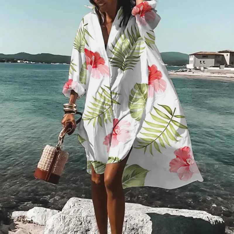 Batı Kıyısı Tarzı Plaj tarzı Rahat kadın Çiçek Baskı beach resort bluz ceket kadın gömlek yaka kazak kadın giyim