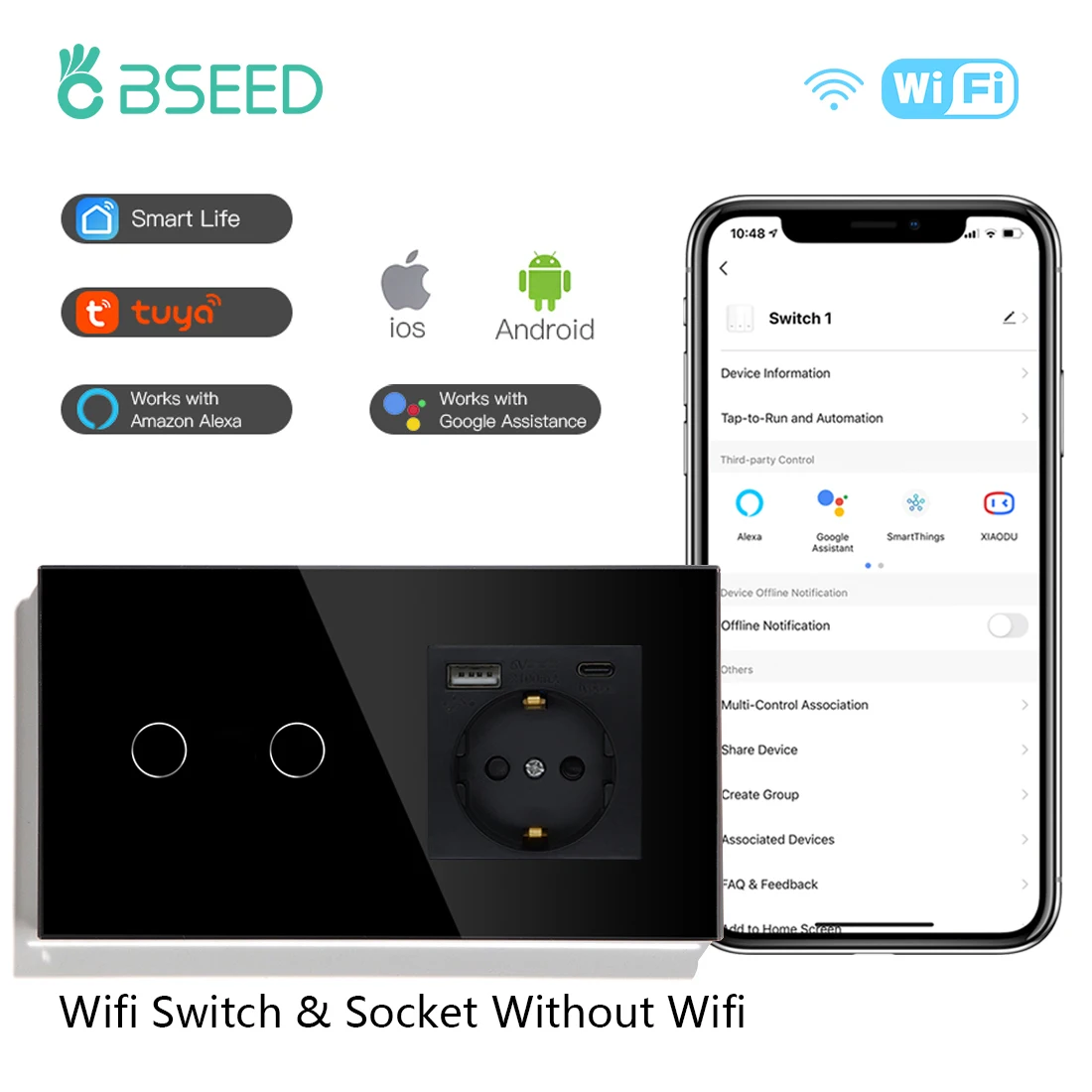 BSEED Akıllı Dokunmatik Anahtarları 1/2 / 3Gang sensörlü ışık Anahtarı İle Çalışmak Akıllı Yaşam Alexa App Artı Tip-C USB Duvar Soket AB Standardı