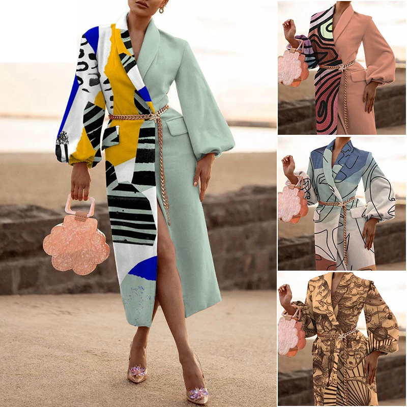 Ceket kadın Moda Renk Eşleştirme Yaka Geometrik Desen Baskı Uzun Ceket Hırka Kış Criss-Cross Kore Mont Bayan
