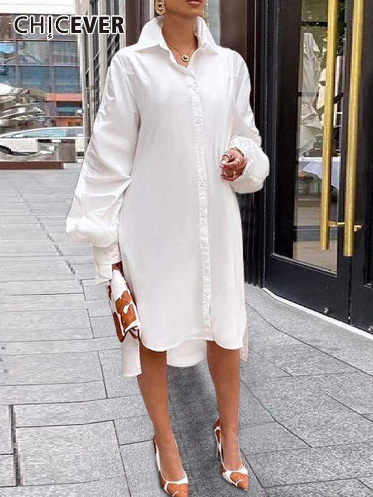 CHICEVER Vintage Katı Casual Patchwork Elbise Kadınlar İçin Yaka Uzun Kollu Gevşek Yüksek Bel Elbiseler Kadın 2021 Sonbahar giyim