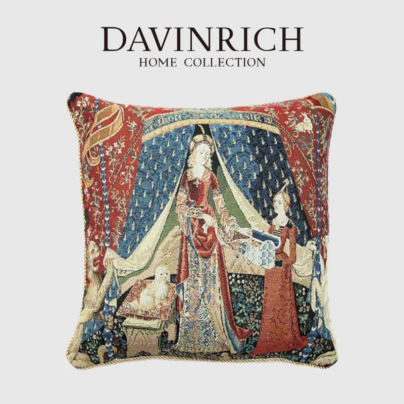 DAVINRICH Lady Ve Unicorn Jakarlı Yastık Kapakları Ortaçağ Vintage Goblen Dekoratif Kare Accent Yastık Kılıfı 45x45 cm