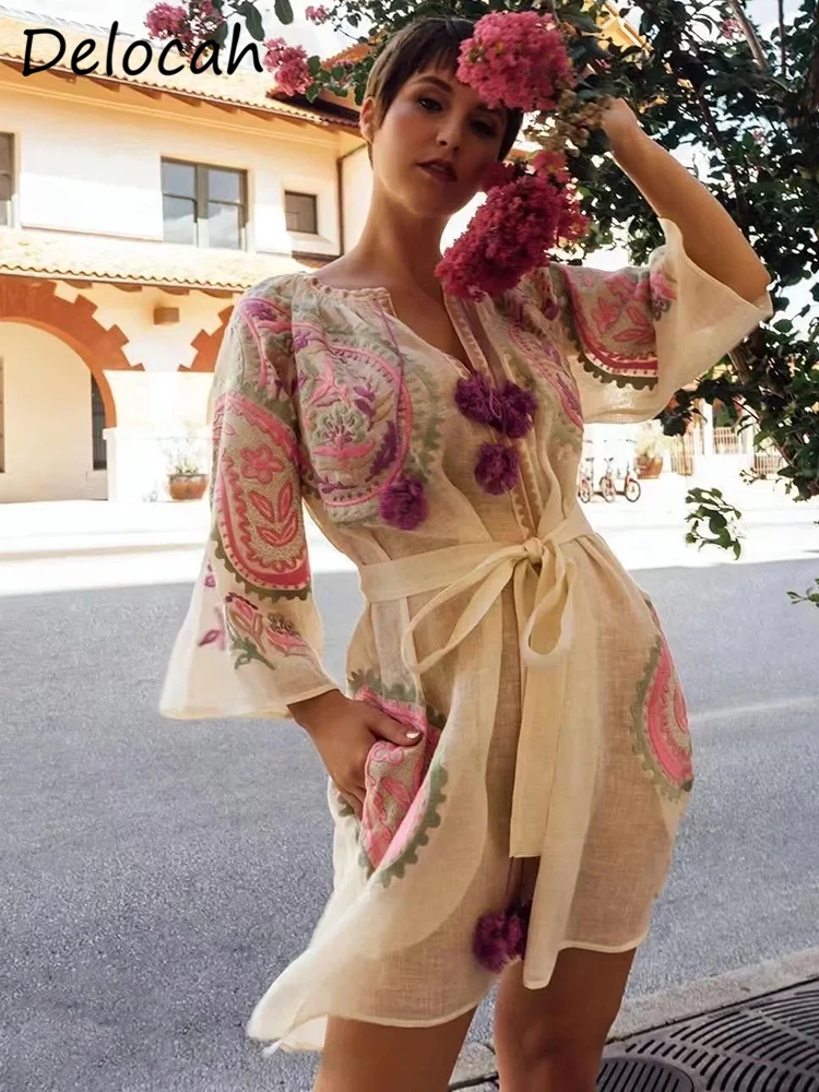 Delocah Bahar Kadın Moda Pist Parti Mini Elbise Yarım Kollu Muhteşem Nakış Bow Sashes Zarif Bayanlar A-Line Elbiseler