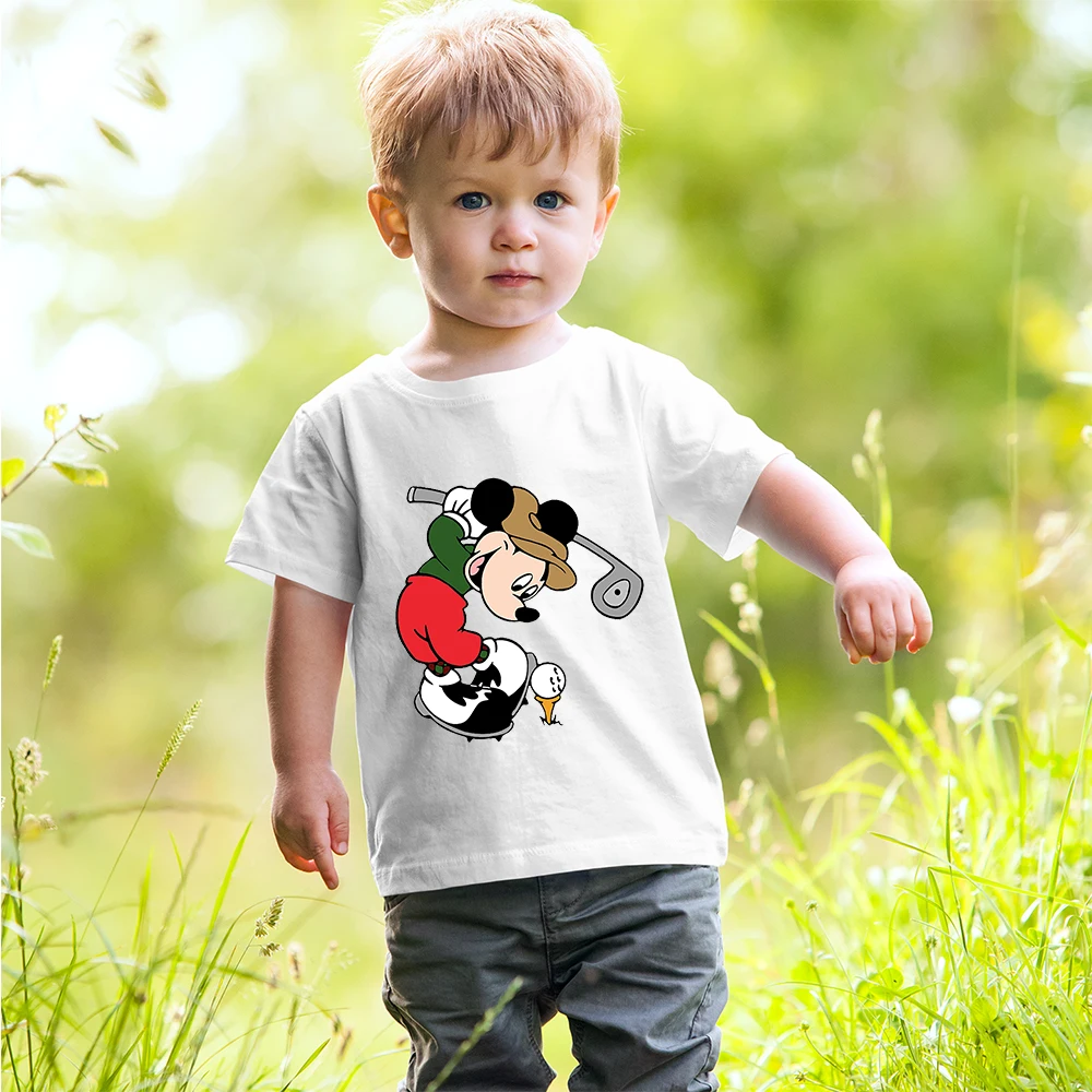 Disney Mickey Mouse Çizgi Film karakteri Yaratıcı Desen Moda T-Shirt Yuvarlak Boyun Kısa Kollu Tarzı Beyaz çocuk Pamuk