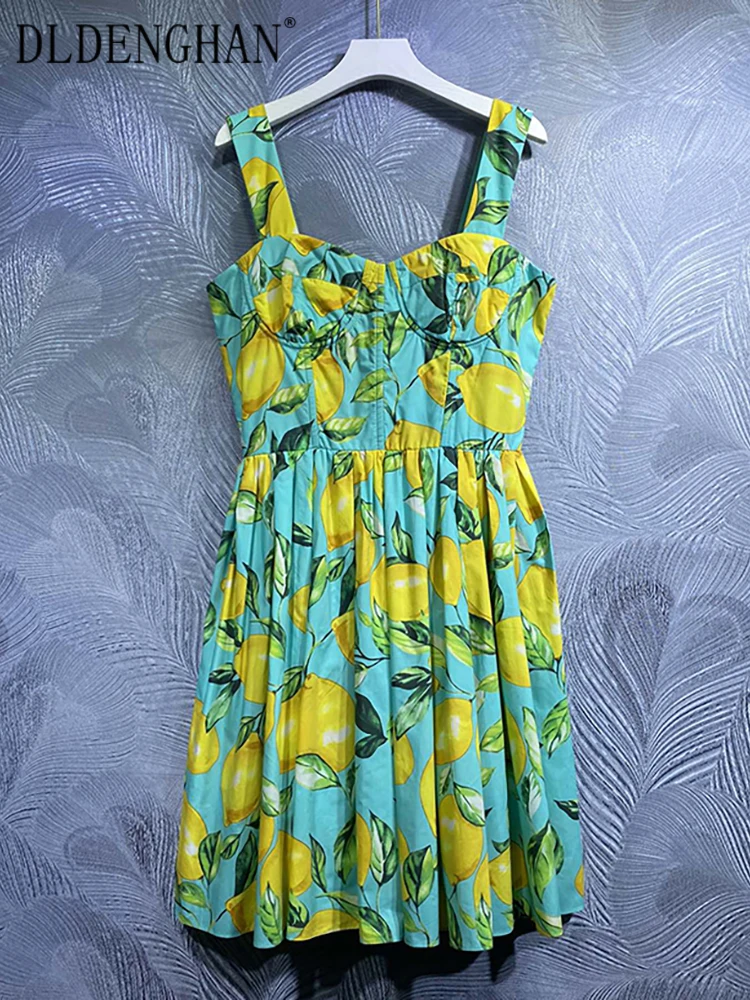 DLDENGHAN Kadınlar 100 % Pamuk Elbise Spagetti Kayışı Sarı Limon Çiçek Baskı Tatil Mini Elbiseler Moda Yaz Yeni