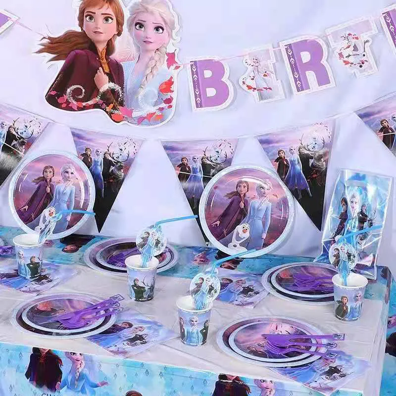 Dondurulmuş 2 Anna Elsa Parti Malzemeleri Seti Prenses Doğum Günü Bebek Duş parti fincanı Tabak Tek Kullanımlık Sofra Parti Süslemeleri Seti