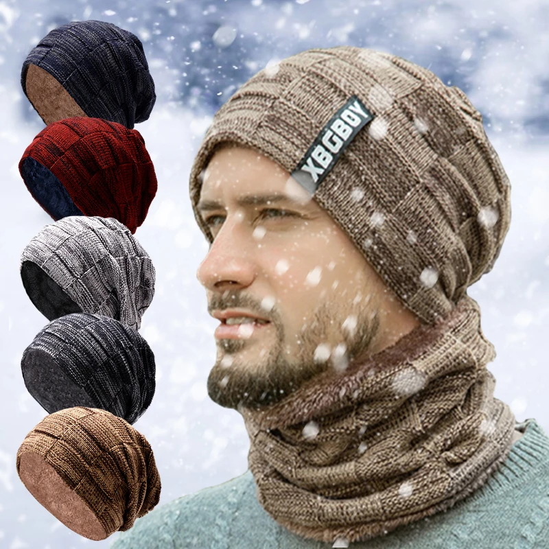 Erkek Bere Şapka 2 adet Kayak Kap Ve Eşarp Kış Sıcak Yünlü Şapka Örgü Nervürlü Yürüyüş Açık Artı Kadife Kalınlaşmak Hedging Kapaklar
