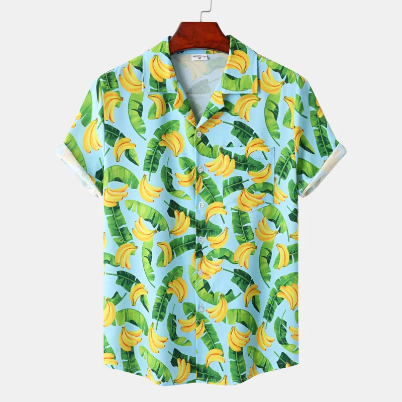 Erkek Plaj Aloha Gömlek Kısa Kollu Rahat Meyve Muz Baskı Düğme Aşağı havai gömleği Erkekler Parti Tatil Tatil Giyim 3XL