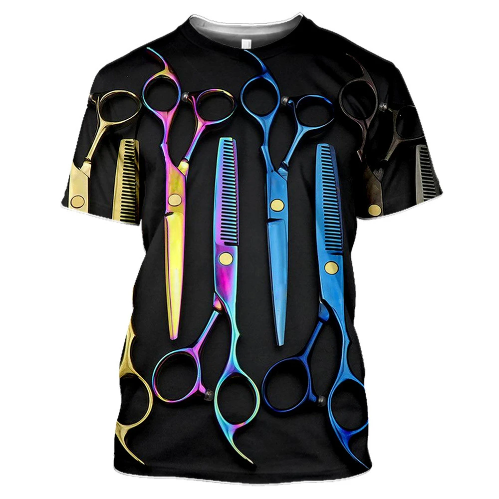 Erkek Retro berber aletleri Yuvarlak Boyun Kısa Kollu Büyük Boy erkek Yaz 3DT Gömlek berber makası T-Shirt