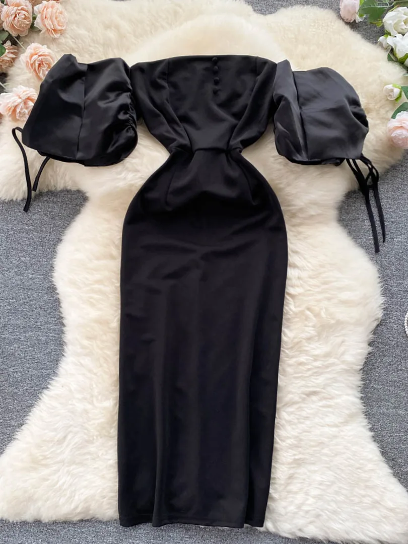 Foamlina Zarif Kadın Siyah Parti Elbise Yaz Seksi Slash Boyun Kapalı Omuz Kısa Puf Kollu Ince Akşam Kulübü Bodycon Elbise