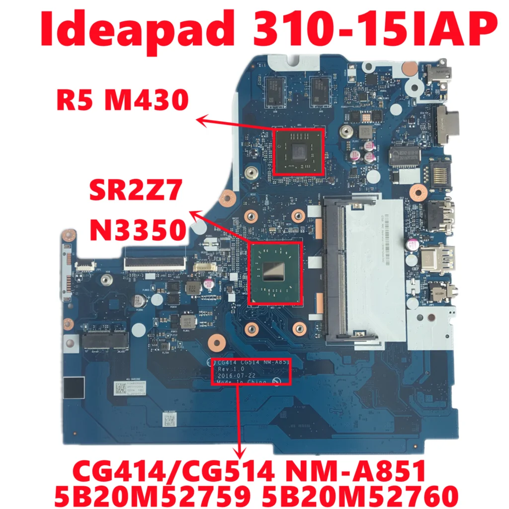 FRU:5B20M52759 5B20M52760 Lenovo Ideapad 310-15IAP Laptop Anakart CG414 / CG514 NM-A851 İle N3350 216-0867071 Tam Test
