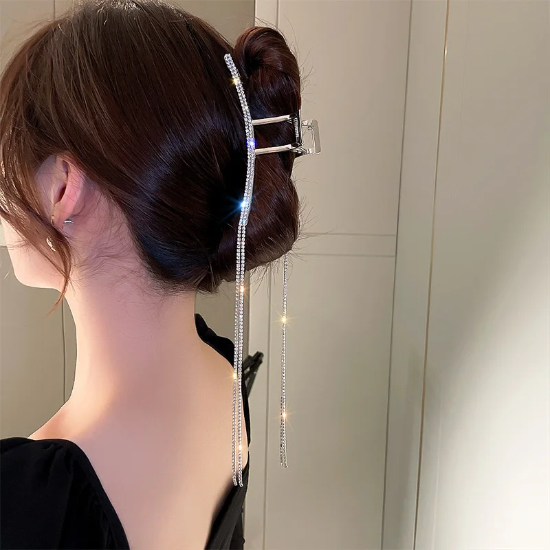 FYUAN Kore Tarzı Basit Tam Rhinestones Saç Pençeleri Klipler Kadınlar için Uzun Püskül Kelepçeleri Klip Şapkalar genç kız takısı