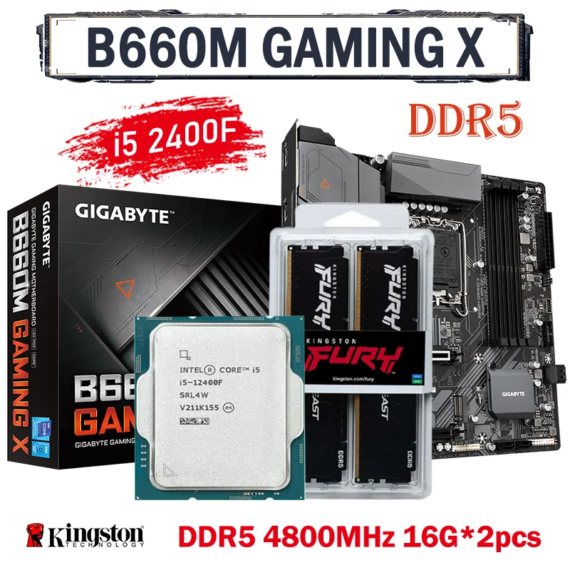 Gigabyte B660M OYUN X DDR5 Anakart Seti Combo + Intel Core i5 12400F + FURY Beast 4800MHz 16G*2 ADET Üç parçalı set 128gb Yeni