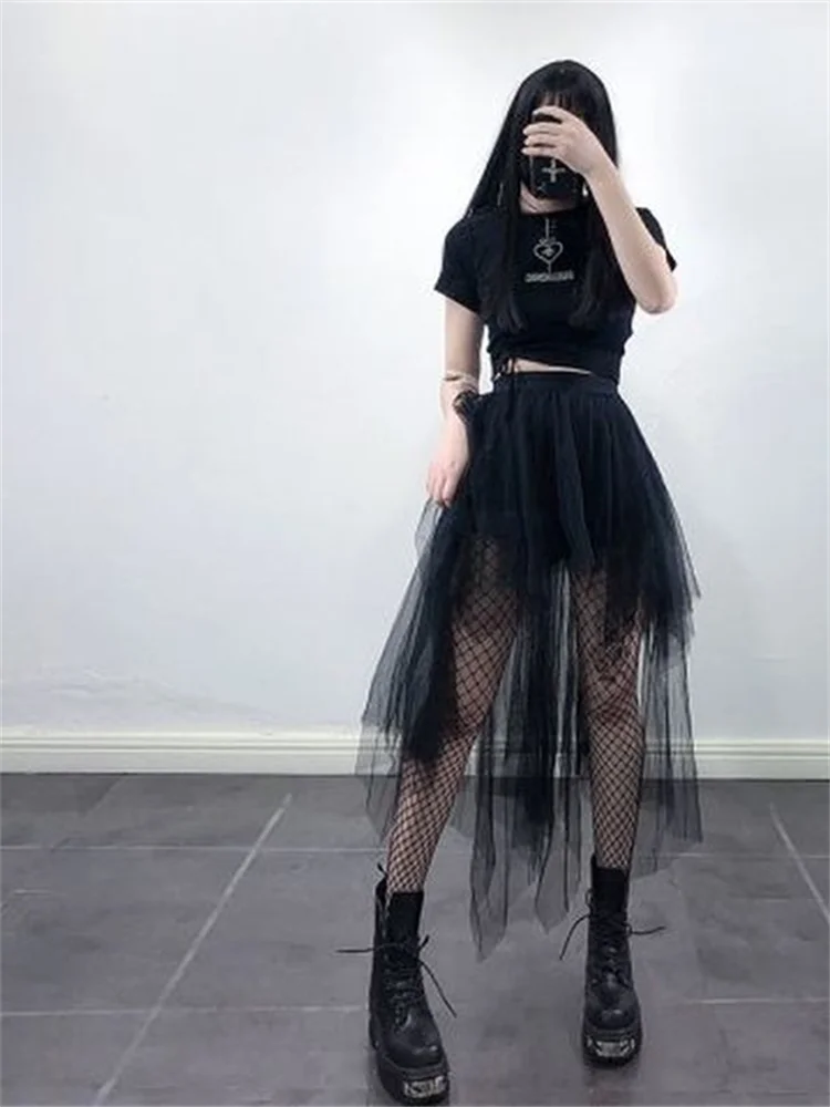 Gotik Siyah Örgü Uzun Mini Etek Kadın Çok Katmanlı Düzensiz Koyu Estetik Peri Grunge Midi Etekler Punk Emo Alt Kore Moda
