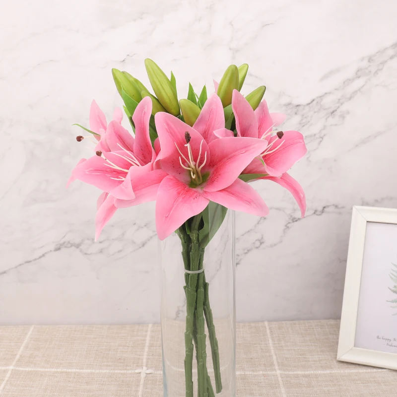 Güzel Zambak yapay çiçekler Şube Ev Dekor için Yüksek Kaliteli Lateks Gerçek Dokunmatik Buket Sahte Çiçek Düğün Aranjmanı