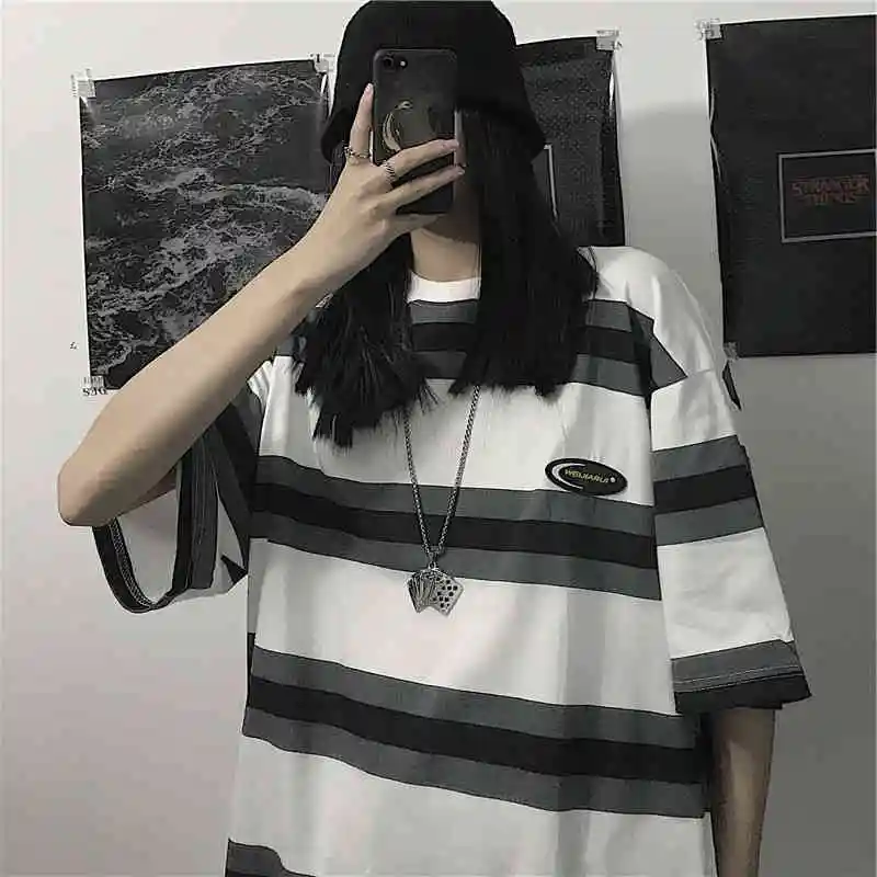 Harajuku Temel çizgili tişört Unisex Hip Hop Estetik Grunge Siyah kadın Tee Emo Gotik Giyim Cadı Gömlek Streetwear kadın