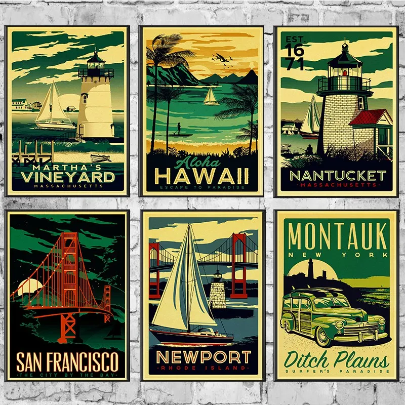 HAWAİİ / ARUBA / BROOKLYN / SAN FRANCİSCO Seyahat Posteri Retro Boyama DIY Duvar Vintage Kağıt Posterler Ev Hediye Dekorasyon