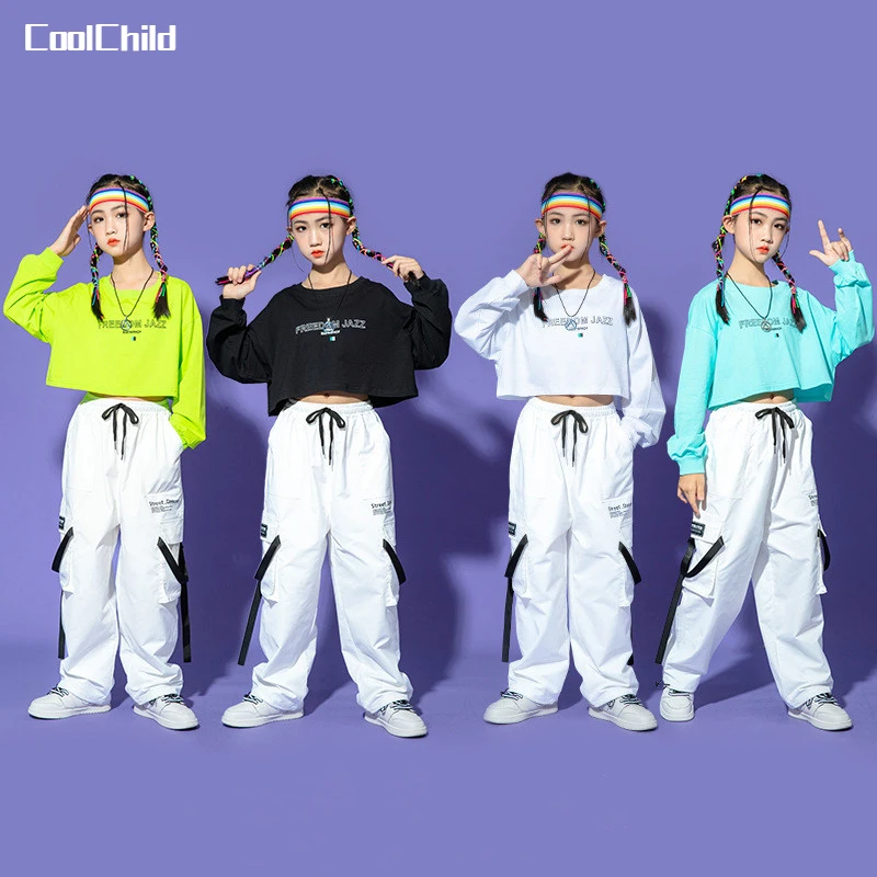 Hip Hop Kızlar Düz Renk Kırpma Üst Joggers Giyim Setleri Çocuklar Streetwear Çocuk Kazak Sokak Dans Kargo Pantolon Caz Kostümleri